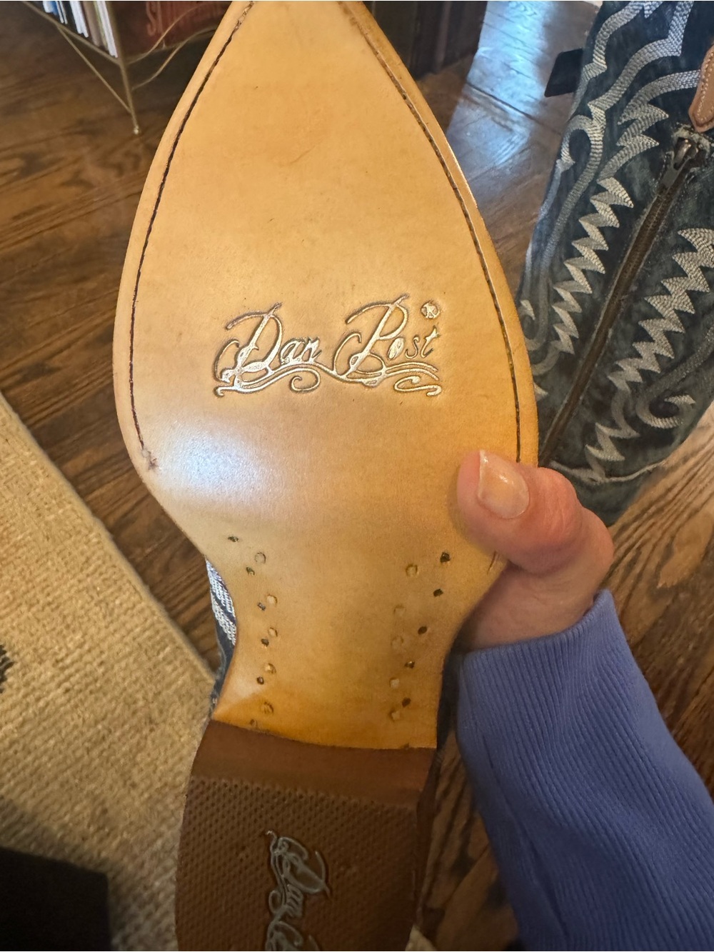Dan Post Distressed Denim-Blue Embroidered Western Boot with Tan Pull - Picture 7 of 8